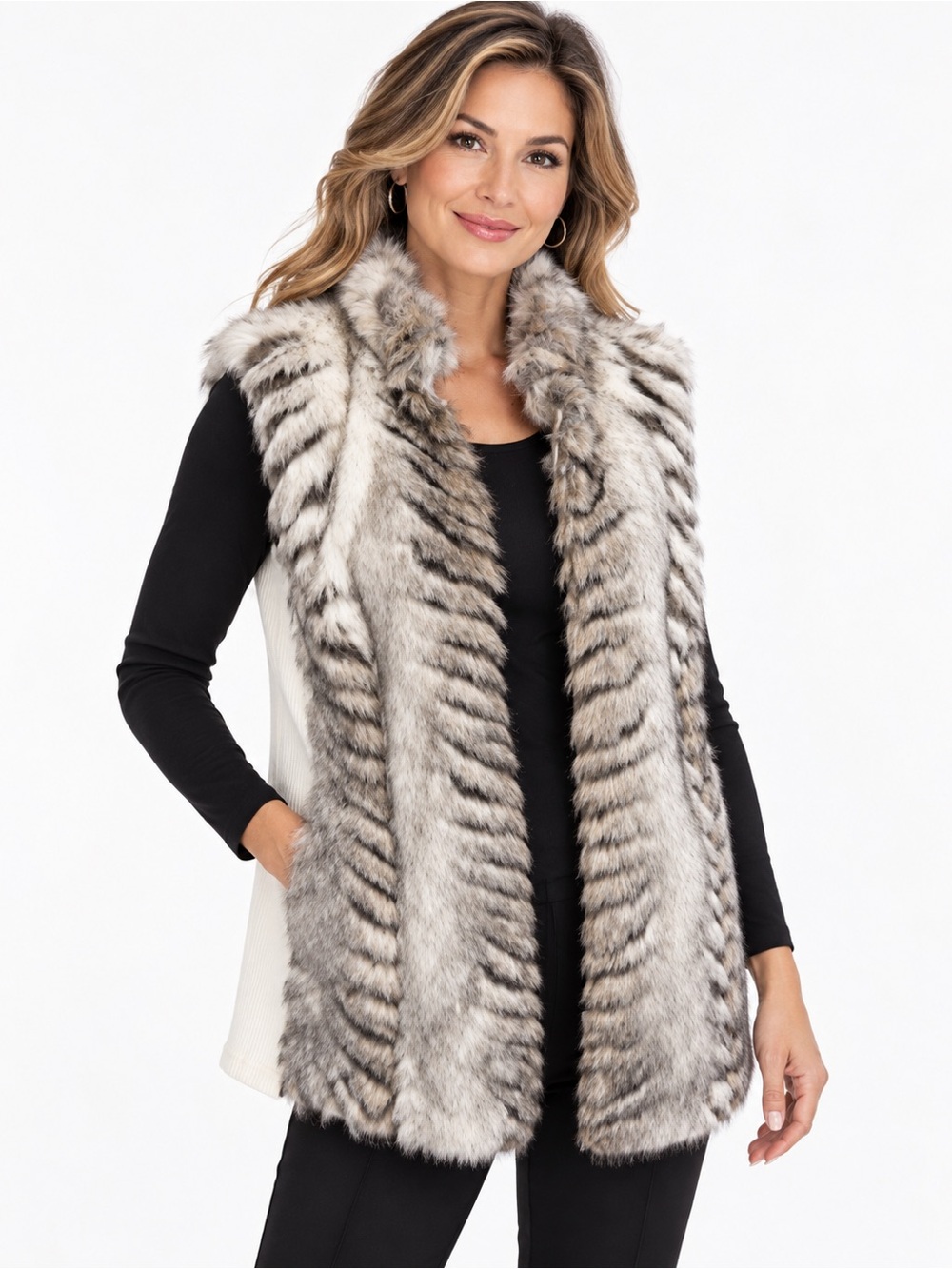 Chicoβs Faux Fur Striped Animal Print Vest Size 2 Gray White Plush